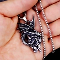 Gothic punk draak en schedel hanger ketting van roestvrij staal met een stoere box schakel - Draak met Stalen Ketting