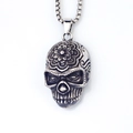 Vintage stainless steel skull necklace with intricate mandala flower engraving and box chain - Skull + Steel Chain