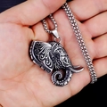 Roestvrijstalen olifantenkop hanger ketting met etnische spiraalvormige gravures - Olifant + Stalen Ketting