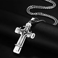 Polished silver stainless steel wheat cross pendant with industrial chain for men - Modern Mechanical Cross
