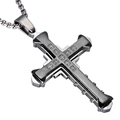 Macro view of two-tone stainless steel cross pendant with inset zircon stones - Black Silver Knight Cross