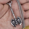 Punk style stainless steel axe pendant necklace with skull details and box chain - Axe Skull + Steel Chain