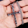 Gothic zilveren schedel kruis hanger ketting met Deathly gravure op metalen ketting - Deathly Schedel Kruis Met Stalen Ketting
