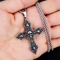 Gothic baroque skull cross pendant necklace in vintage silver stainless steel style - Large Skull Cross Pendant with Steel Chain