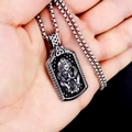 Vintage stainless steel Odin Viking warrior pendant necklace with Celtic knot patterns - Viking Helmet Tag Pendant with Steel Chain