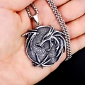 Vintage stainless steel dragon pendant necklace with a detailed round medallion and box chain - Fire Wolf Pendant with Steel Chain