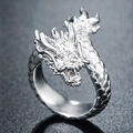 Vintage silver dragon ring with detailed carvings and adjustable open band for men - Silver Dragon 3D Style