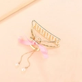Elegant gold metal hair claw clip with pink bow and dangling white pearl tassels - Geometric Arc Style (C2332) / Gold-Pink
