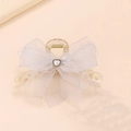 Elegante molletta per capelli con fiocco in organza stile coreano e cuore di perla - Bianco (M6401)
