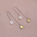 Detail of silver chain earrings featuring white pearls and yellow faceted gemstones on silk - Yellow Gem Silver A1213