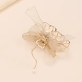 Pinza per capelli in metallo dorato con fiocco in tulle marrone e nappa di perle - Stile Farfalla 1 / Albicocca