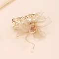 Elegant gold metal butterfly hair claw with champagne mesh bow and pearl pendant charm - Butterfly Style 2 (H6101)
