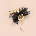 Elegant gold metal hair claw with black mesh bow and pearl tassel pendant detail - Semicircle Style (C6237)