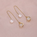 Golden drop chain earrings with white pearls and cat-eye stones in filigree frames - Gold Cat's Eye Style (A2435)