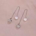 Elegant silver threader earrings with white pearls and moon-shaped opal pendants - Silver Cat's Eye Style (A2435)