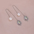 Elegant long threader earrings with white pearl and iridescent stone on pink silk - Multicolor Gem Silver A2433