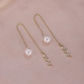 Elegant gold thread earrings with white pearl and zircon leaf drop on silk background - Rhinestone Leaf Gold A2428