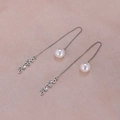 Elegant long silver drop earrings featuring white pearls and zircon leaf pendants - Rhinestone Leaf Silver A2428