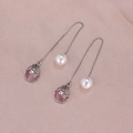 Elegant long silver ear threader with pink cat eye stone and white pearl - Pink Gem Silver Plated A3436