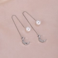 Silver crescent moon and pearl threader earrings with sparkling cubic zirconia - Rhinestone Moon Silver A1122-2