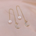 Elegant gold threader earrings featuring white pearls and crescent moon pendants - Rhinestone Moon Gold A1122-1