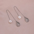 Silver long chain threader earrings with white round pearls and grey gemstone pendants - White Gem Silver Plated A1216