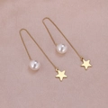 Elegant gold-plated drop earrings featuring a round white pearl and star pendant - Smooth Pentagram Gold