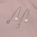 Elegant silver star and pearl drop earrings with long chain on pink silk - Silver Smooth Star