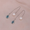 Silver threader earrings with blue teardrop stone pendants and white pearls on pink silk - Green Gem Silver A1215