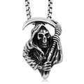 Macro detail of Grim Reaper pendant with scythe in vintage stainless steel punk style - Grim Reaper Style