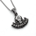 Detail of Viking Thor hammer pendant with Valknut symbol on a steel box chain - Battle Axe Style