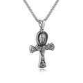 Silver stainless steel Ankh cross pendant necklace with Egyptian carvings and chain - Insect Style