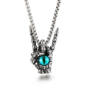 Gothic skull hand pendant with blue tiger eye stone on stainless steel chain - Skeleton Hand Eye With Stainless Steel Chain