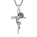 Macro detail of gothic cross pendant with rose vine and vintage stainless steel finish - Rose Cross With Stainless Steel Chain
