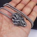 Vintage silver dragon head pendant necklace with square pearl chain for men - Dragon Head / Steel Chain