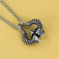 Retro Viking Odin helmet pendant necklace in stainless steel with punk horn design - Ox Horn + Steel Chain