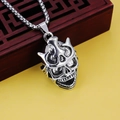 Collar con colgante de máscara Prajna calavera en acero inoxidable plateado para hombre - Calavera grande + Cadena de Acero