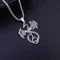 Collier avec pendentif dragon en acier inoxydable rétro, ailes détaillées et fini argent - Style Nouveau Dragon de Feu