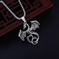 Gothic style stainless steel dragon pendant necklace with antique silver finish and chain - New Flame Dragon with Steel Chain