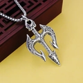 Vintage stainless steel trident pendant necklace with engraved scroll patterns and box chain - Trident Style
