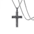 Vintage stainless steel cross pendant necklace with wheat texture and box chain - Silver
