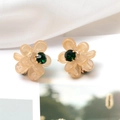 Elegant champagne resin flower earrings with green gemstone center and gold base - Champagne Style (B3321)