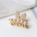 Elegant gold metal mini hair claw clip featuring white faux pearls and butterfly design - Rabbit Ear Style (c5228)