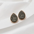 Close-up of minimalist teardrop earrings with gold trim and dark grey crystal drusy - Dark Gray