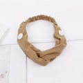 Coffee brown knitted wide headband with buttons for mask ear relief and elastic back - Khaki