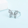 Elegant butterfly open ring with sparkling crystal micro-pave in silver-tone finish - Adjustable Open / Silver Style (D7231)