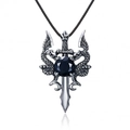Gothic dragon sword necklace with black gemstone pendant on clean white background - Black + Leather Cord