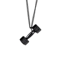 Polished black dumbbell pendant necklace with fine metal chain for fitness lovers - Black Lettering