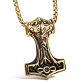 Collana con pendente Martello di Thor dorato con rilievo maschera nordica per uomo - Oro + Catena placcata / Oro