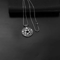 Detail of vintage silver pentagram pendant with rune engravings on a black textured background - Stainless Steel Chain / Round Hexagram